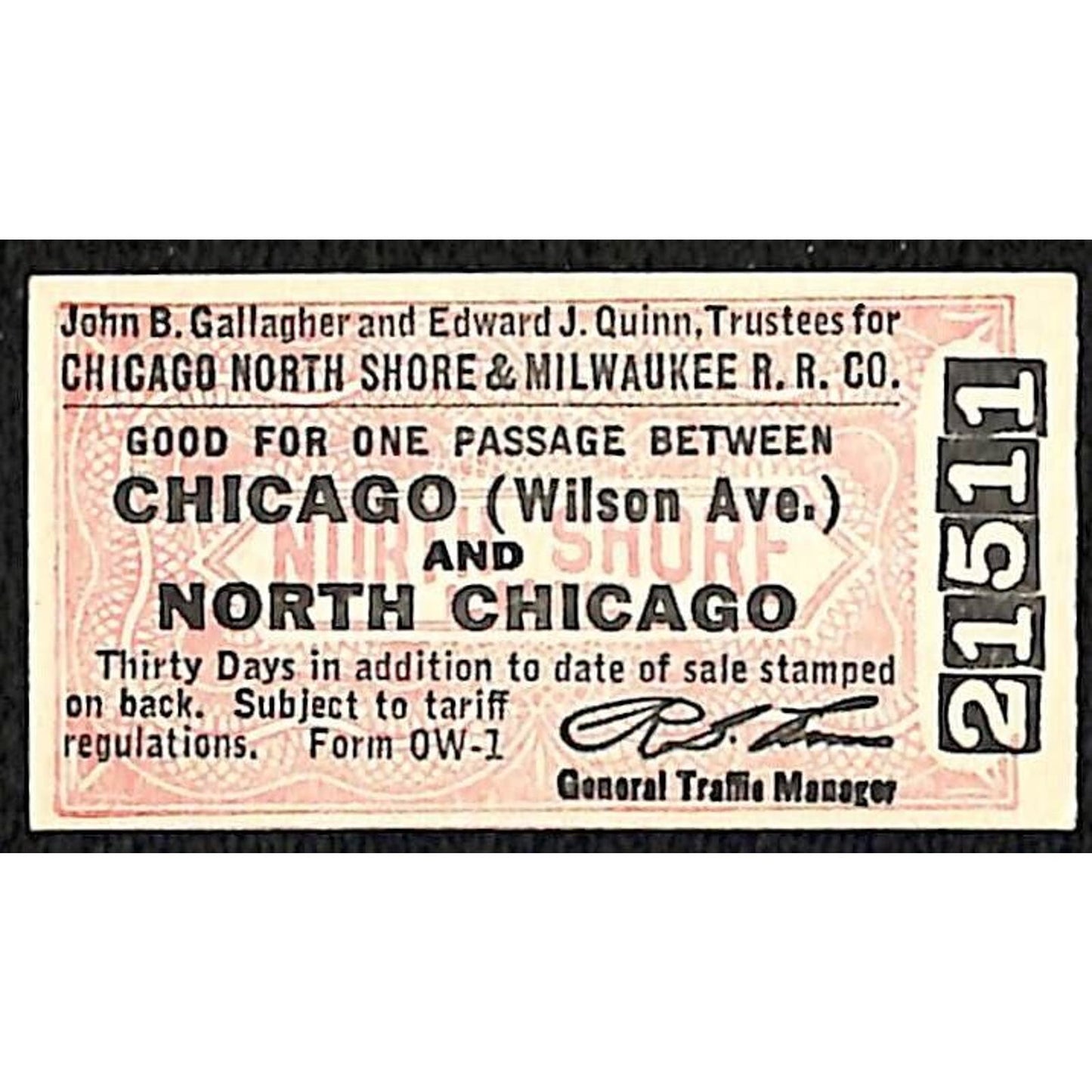 Chicago North Shore & Milwaukee RY Ticket c1953-60's North Chicago #21511