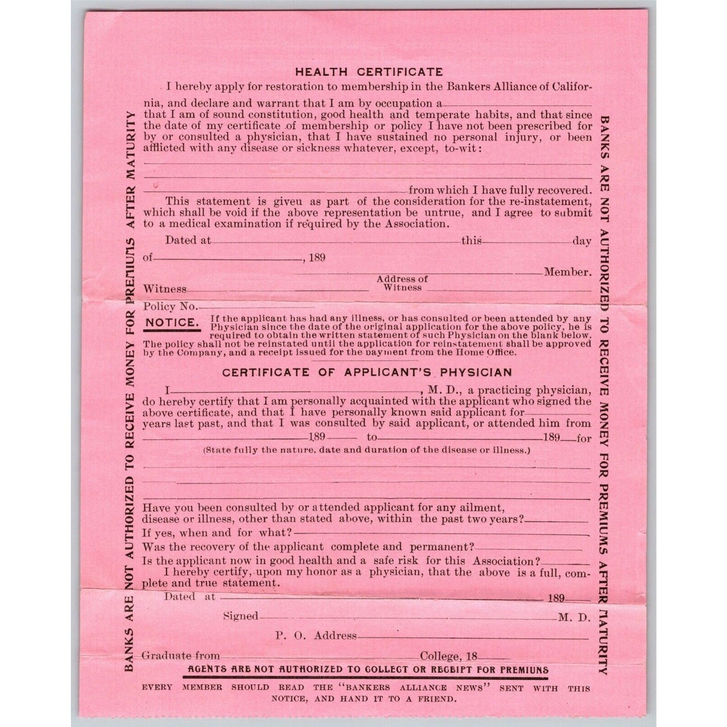1897 Ex Civil War Soldier Document - Bankers Alliance Life Ins. Premium Notice