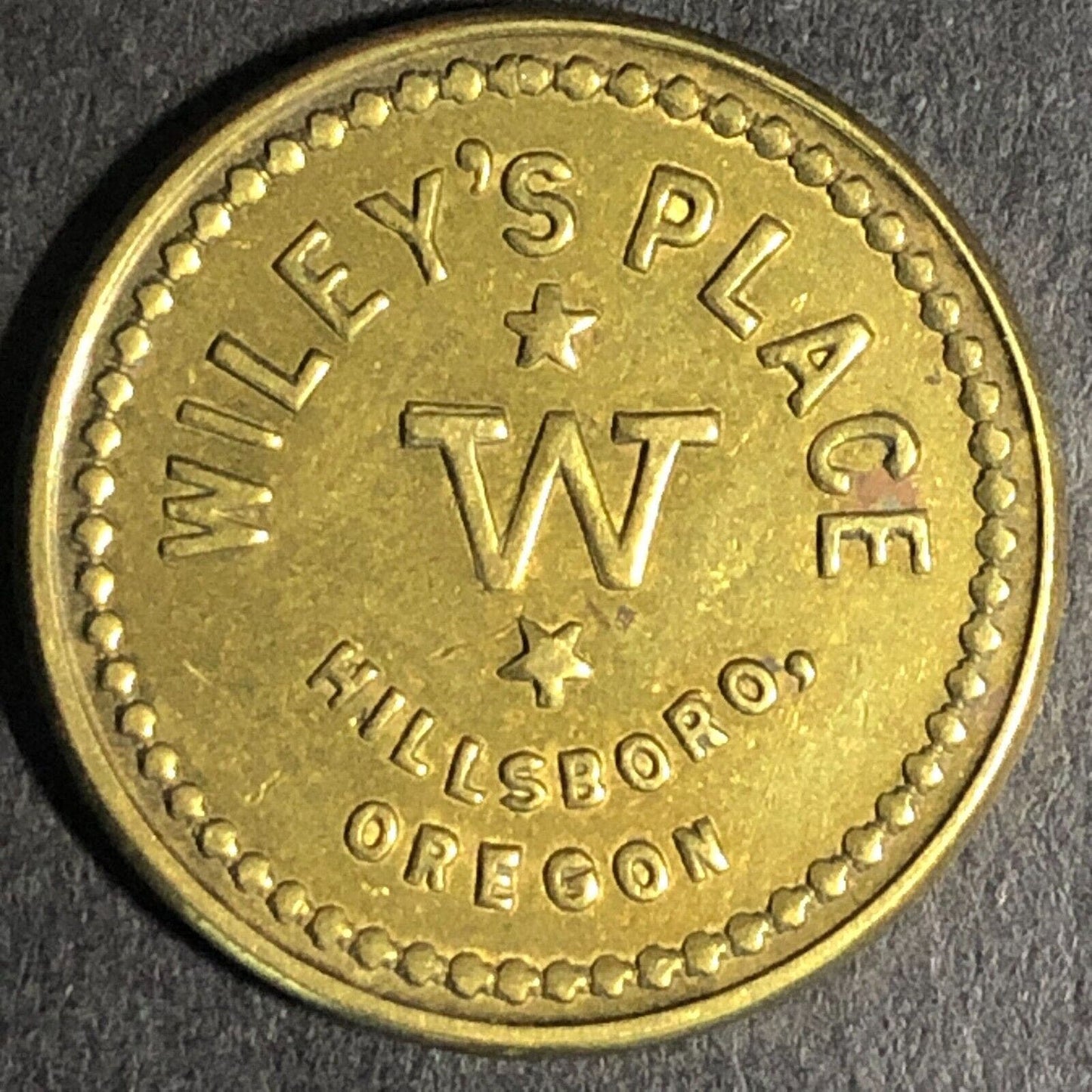 Wiley's Place Hillsboro Oregon G/F 5c Brass Trade Token "W" - 22mm