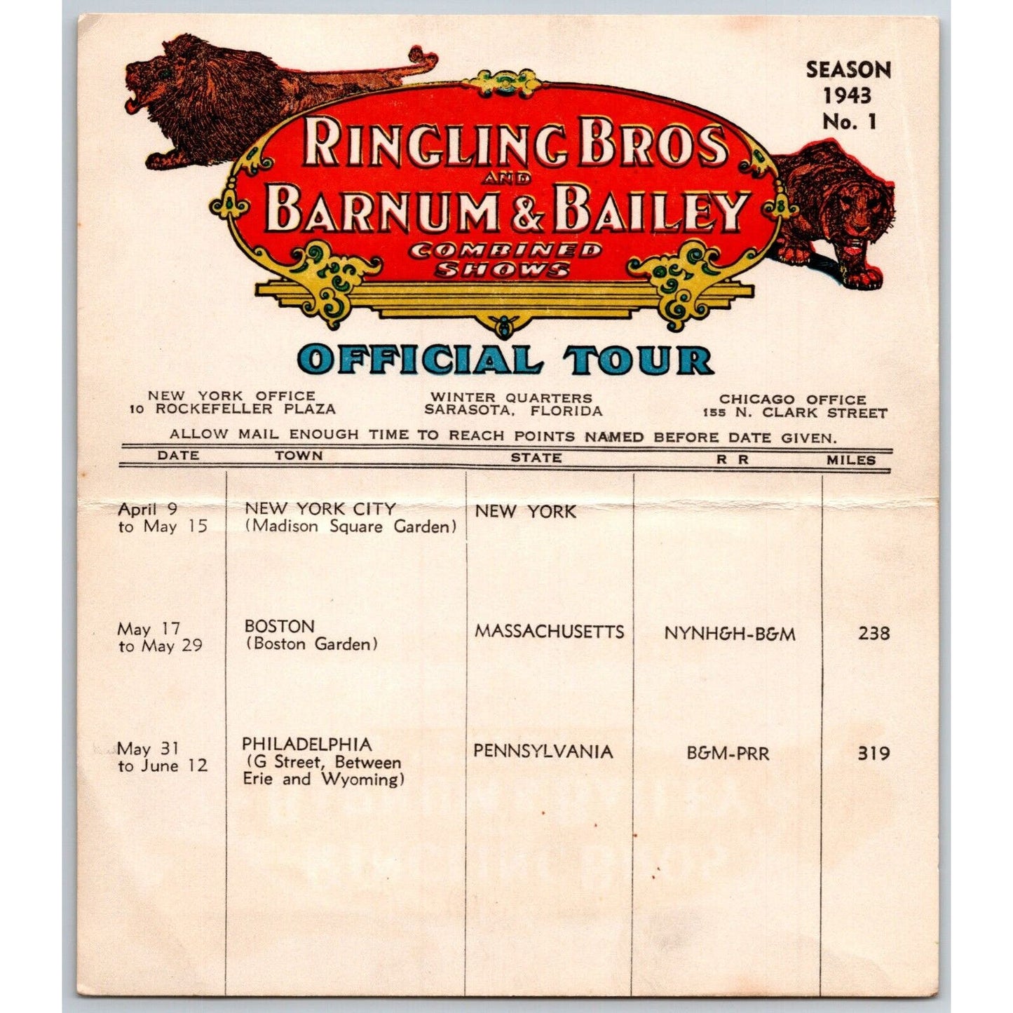 1943 Ringling Bros Barnum & Bailey Circus Route Card Madison Square Garden