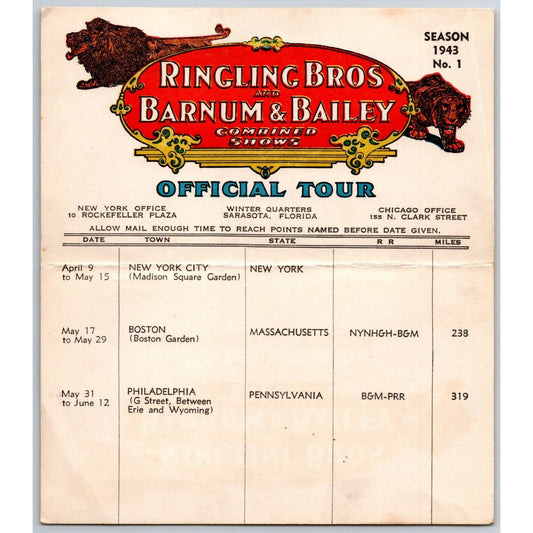 1943 Ringling Bros Barnum & Bailey Circus Route Card Madison Square Garden