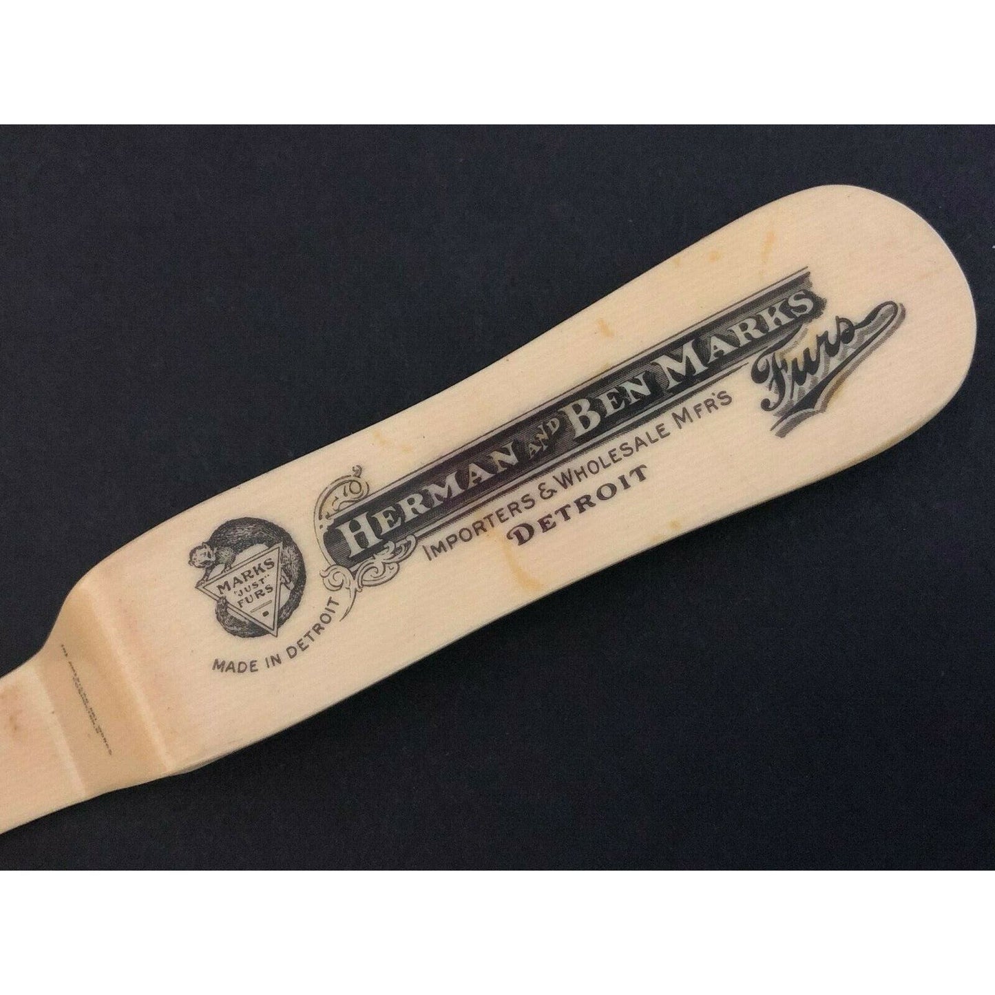 c1920's-30's "Herman & Ben Marks" Furs Detroit Celluloid Adv. Letter Opener