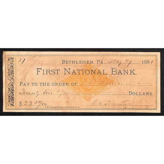 Bethlehem, PA 1881 First National Bank Check #37 w/ Tax Stamp
