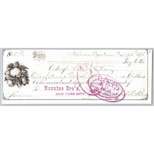 Helena Montana National Bank Check 1876 Kountze Bro's New York City - Vignette