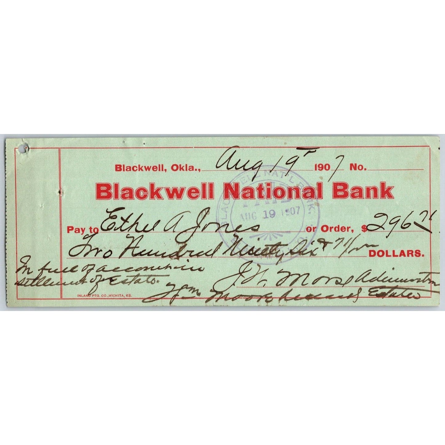 Blackwell, OK 1907 Territorial $296.71 Blackwell National Bank Check - Scarce