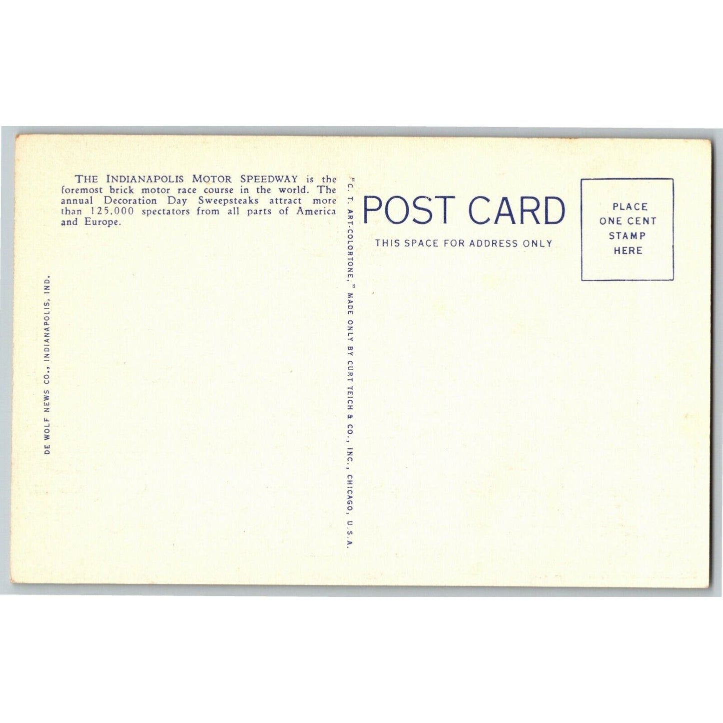 Indy 500 Linen Postcard 1930 "The Greatest Automobile Race Course" De Wolf News