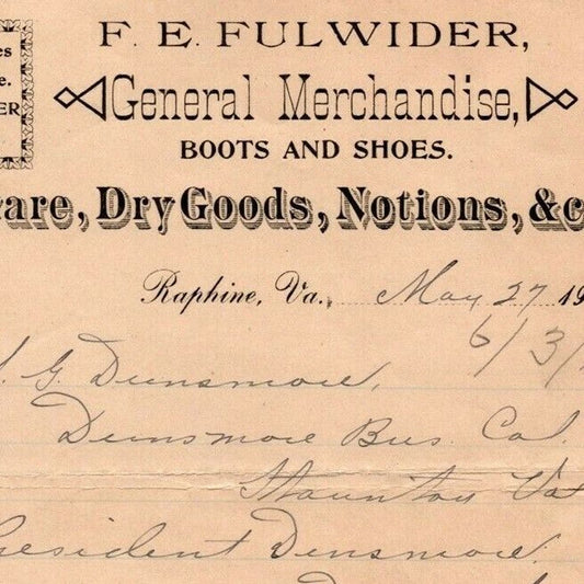 1901 Scarce F.E. Fulwider Hardware Dry Goods Notions Raphine, VA Letterhead Bill
