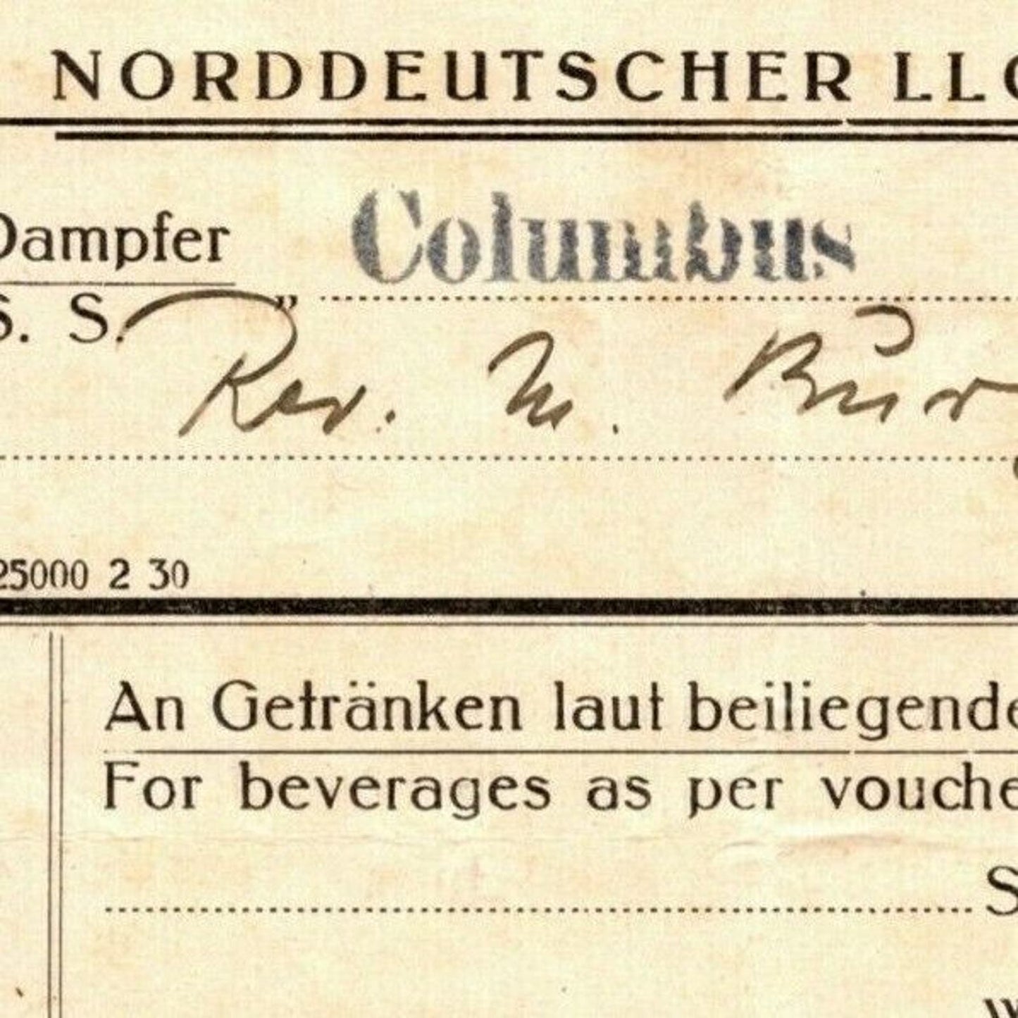 c1920's - 1930's Norddeutscher Lloyd, Breman Lines SS Columbus Beverage Receipt
