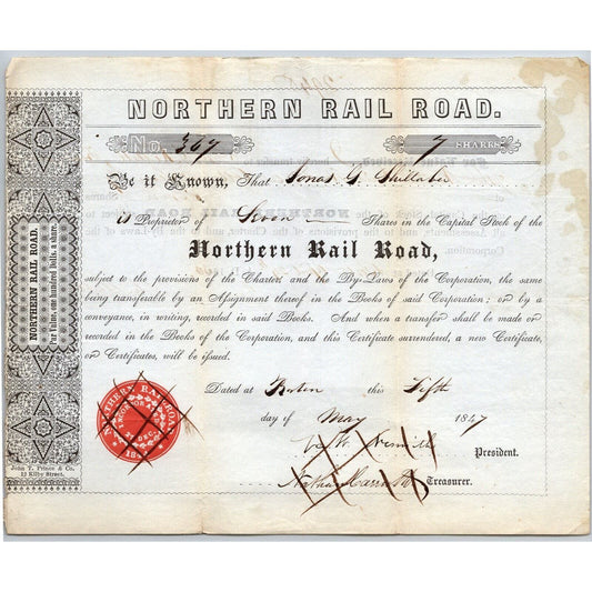 1847 Boston, MA Northern Railroad Stock Certificate No. 3679 for 7 Shares