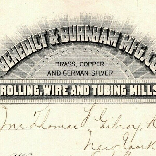 1887 "Benedict & Burnham Mfg. Co" Silver Billhead Letterhead Waterbury CONN