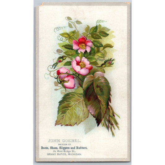 John Goebel Boots Shoe Rubbers Grand Rapids Floral Victorian Trade Card Embossed