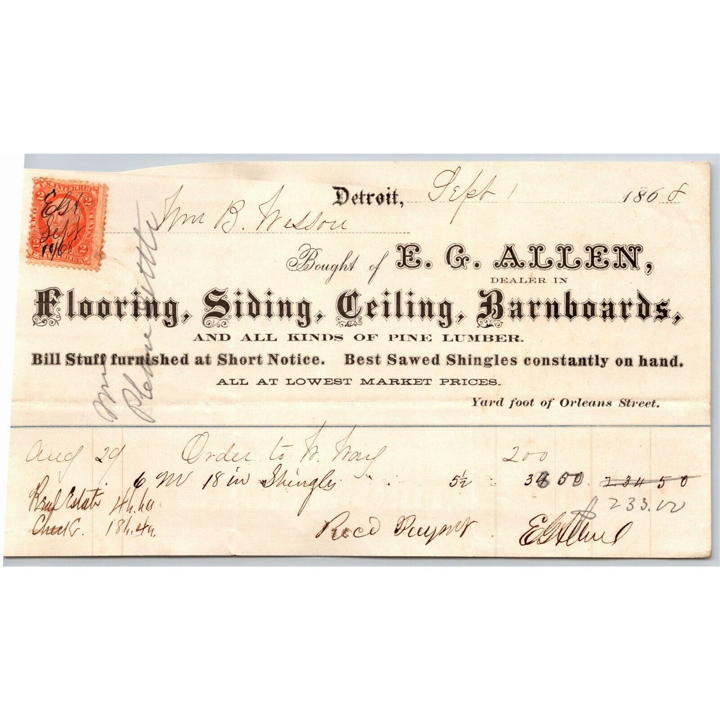 Detroit Letterhead E.G. Allen Flooring Siding Barnboards 1868 w/ Rev Stamp