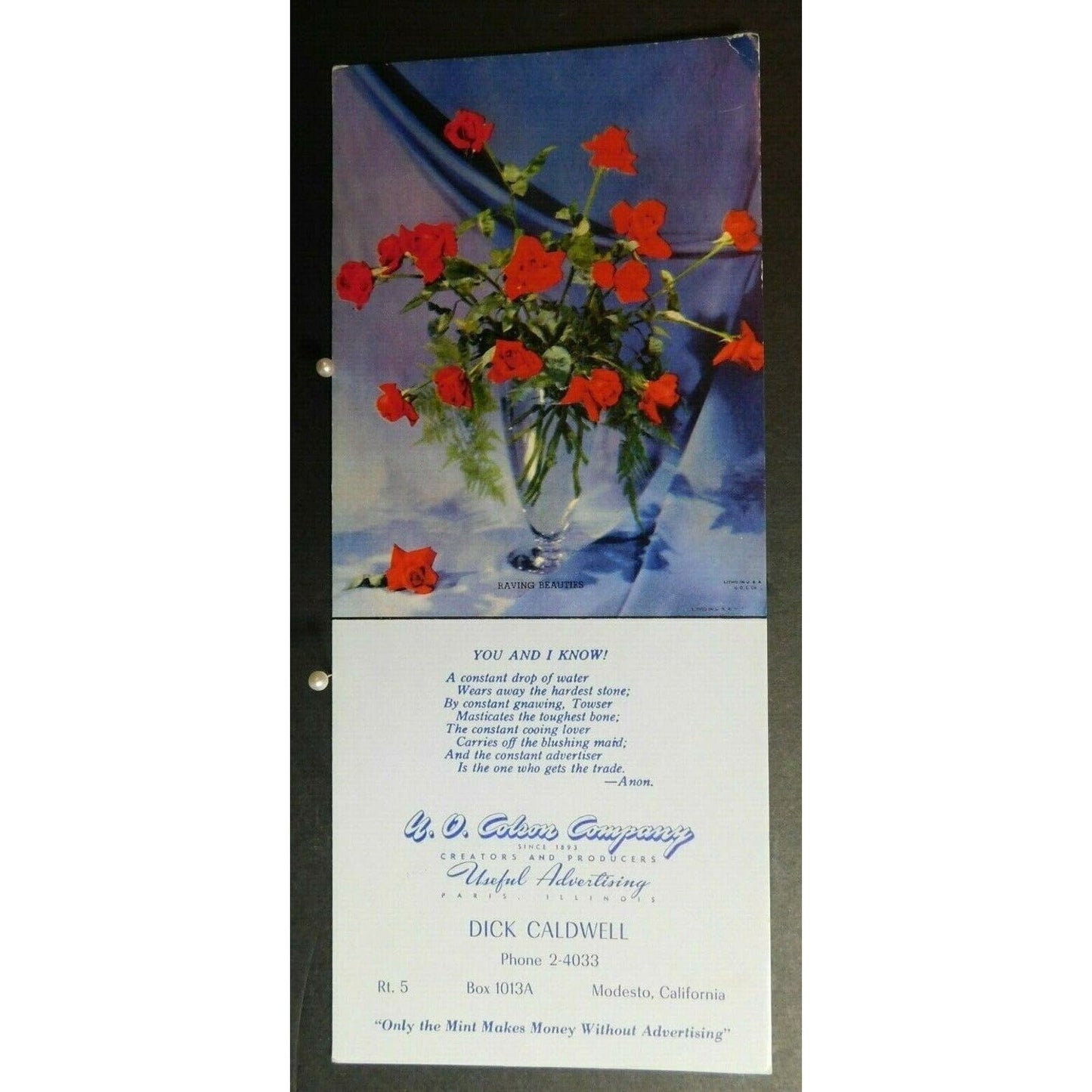 1940's 1950's Ink Blotter Advertising - Roses "Useful Advertising" Modesto Calif