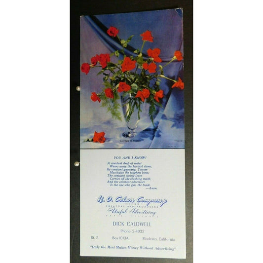 1940's 1950's Ink Blotter Advertising - Roses "Useful Advertising" Modesto Calif