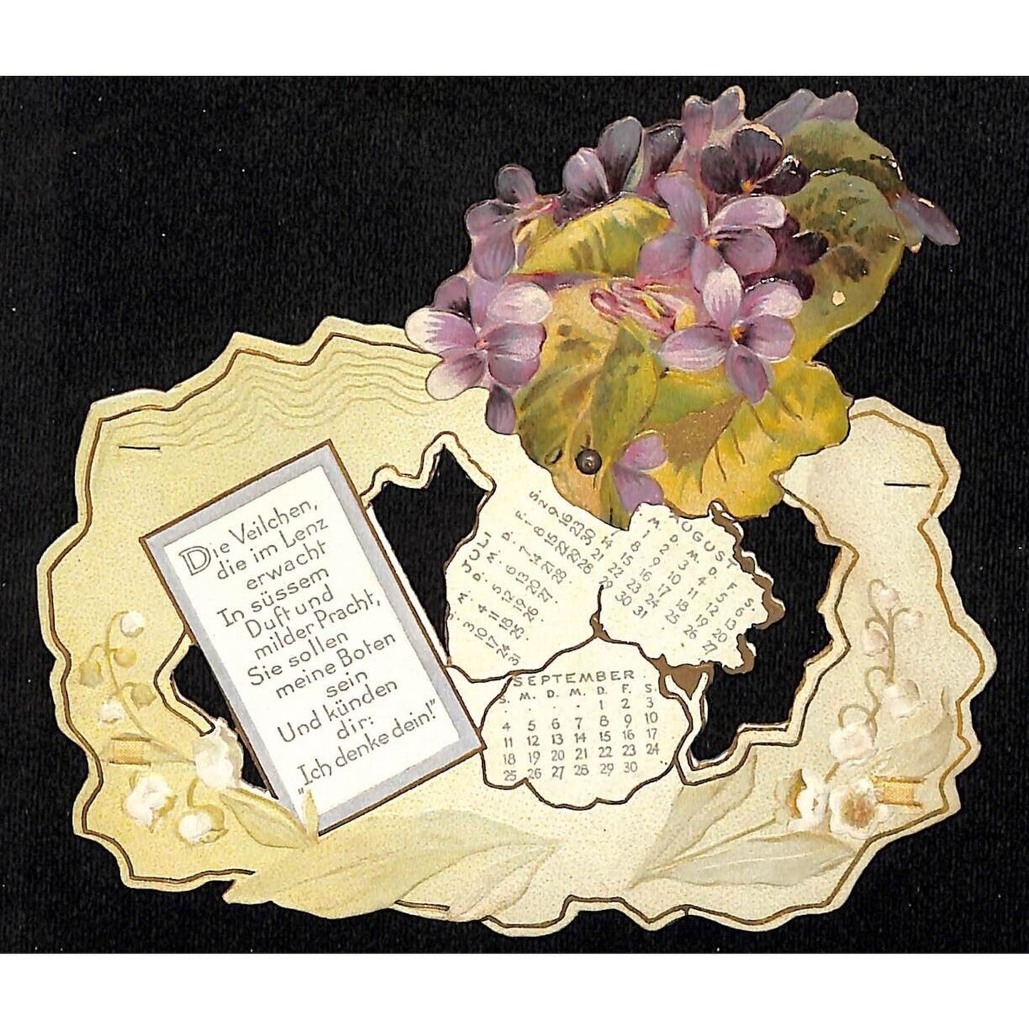 Mechanical German 3-Mo. Calendar Romantic Greeting Card Embossed VGC Victorian?