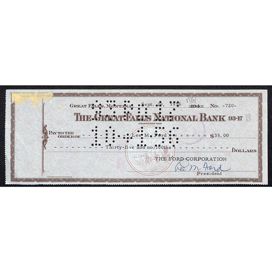 Great Falls National Bank Montana 1956 Bank Check Lee M. Ford / Ford Corp.