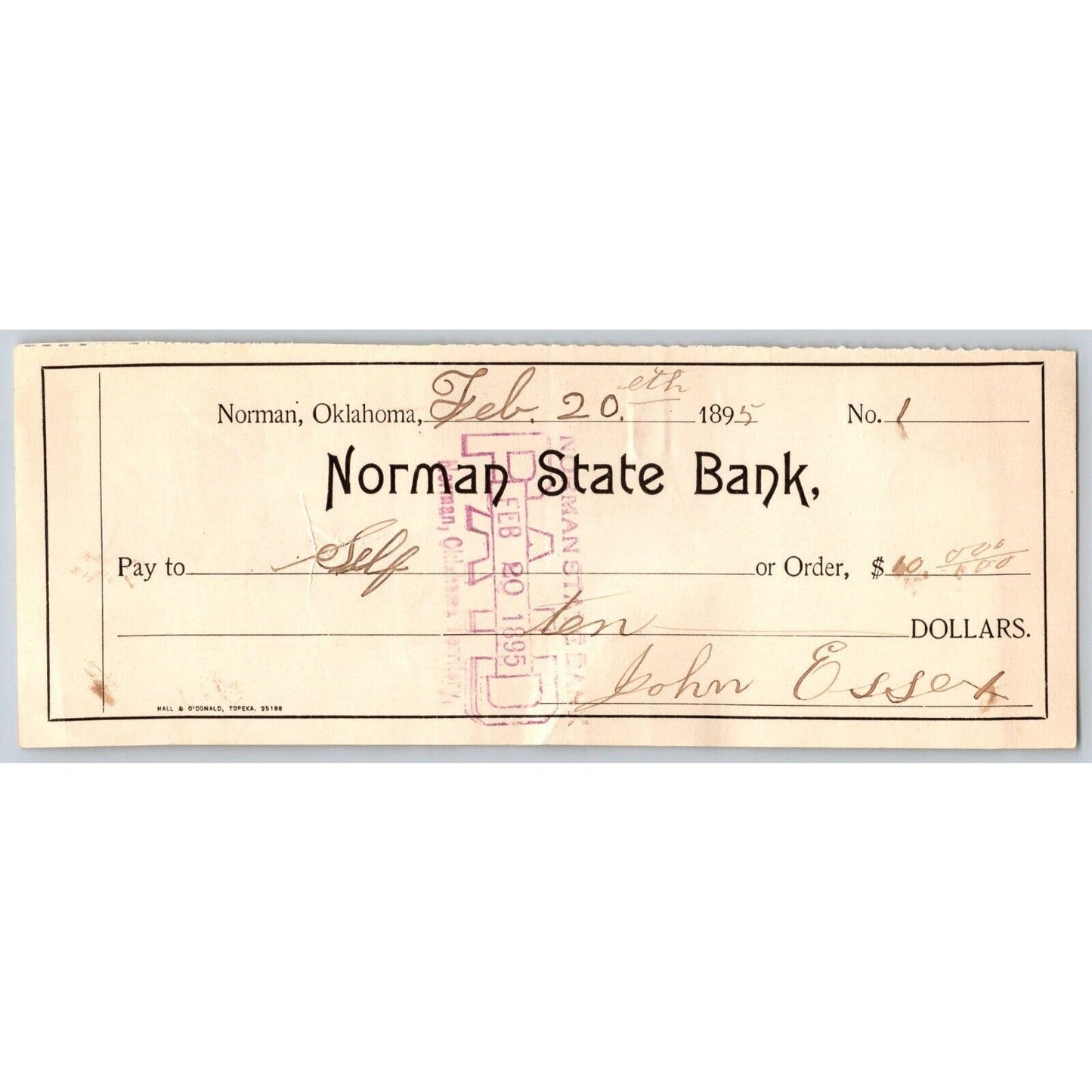 Norman, Oklahoma Territory 1895 $10 "Norman state Bank" Check Scarce