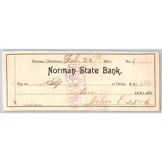 Norman, Oklahoma Territory 1895 $10 "Norman state Bank" Check Scarce
