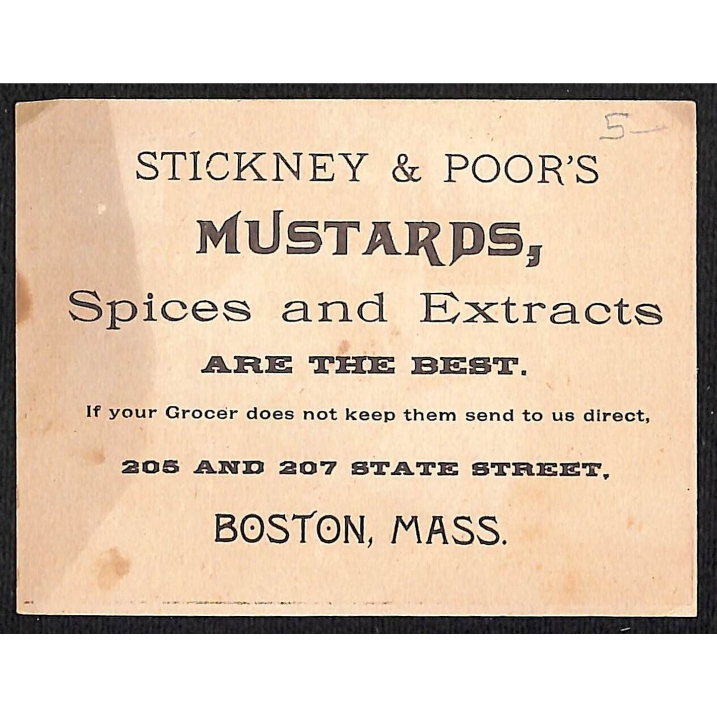 Boston, MA Victorian Trade Card Stickney & Poor's Mustards Spices Extracts