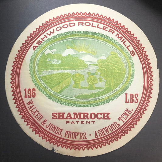 Ashwood Roller Mills Shamrock Walker Jones Flour Barrel Label 16" dia. Scarce