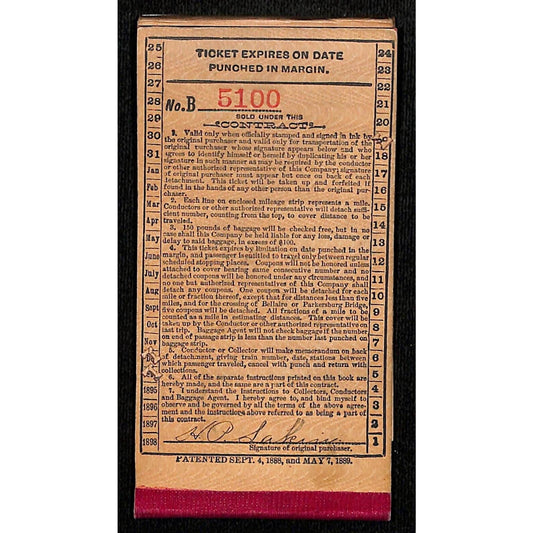 1894 Baltimore & Ohio Railroad 1000 Mile Ticket Book Hard Cover w/ 8" Remnant