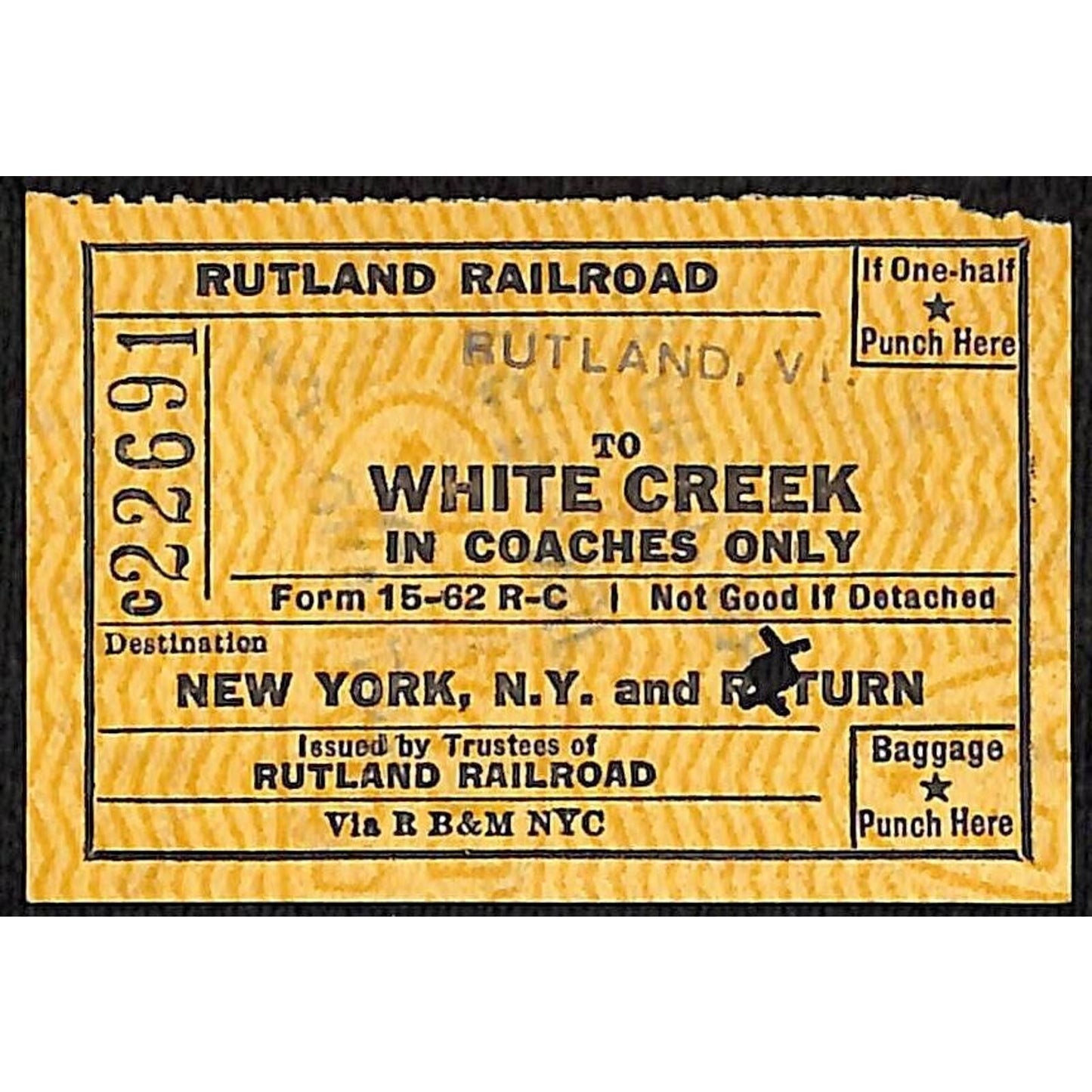 Rutland Railroad Ticket / Stub White Creek New York, NY 1953 #22691