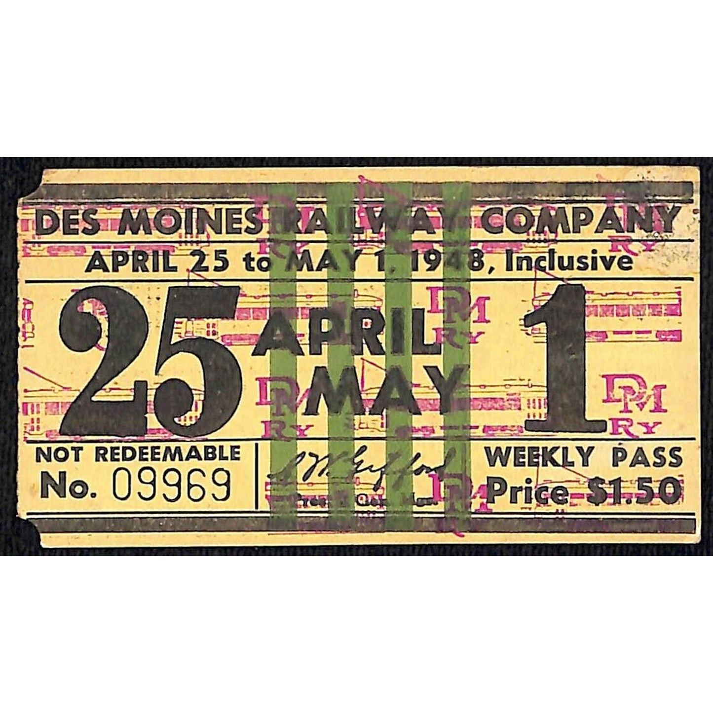 Des Moines Railway April 1948 Weekly Pass / Globe Loan Company #09969