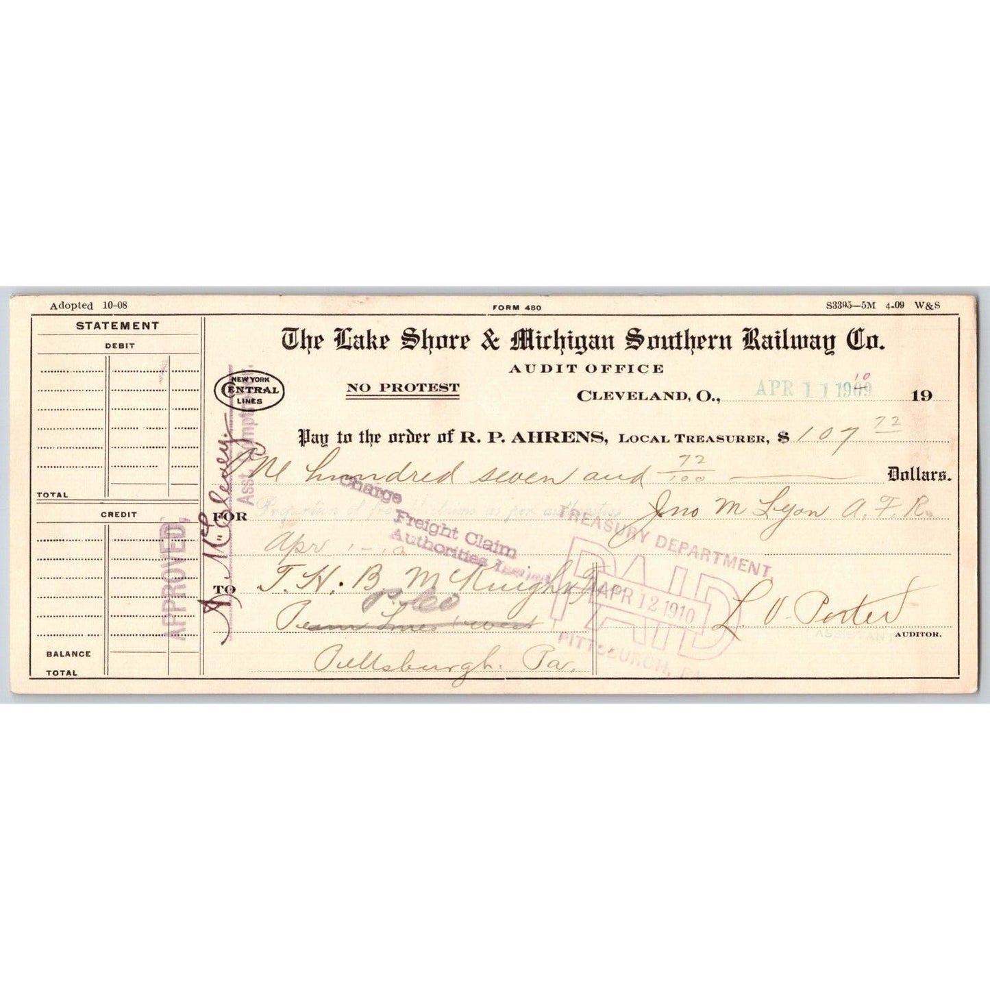 Lake Shore & Michigan Southern Railway Railroad 1910 Bank Check VGC