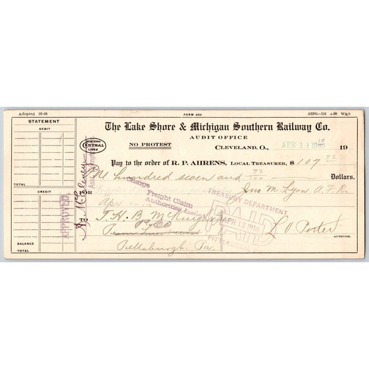 Lake Shore & Michigan Southern Railway Railroad 1910 Bank Check VGC