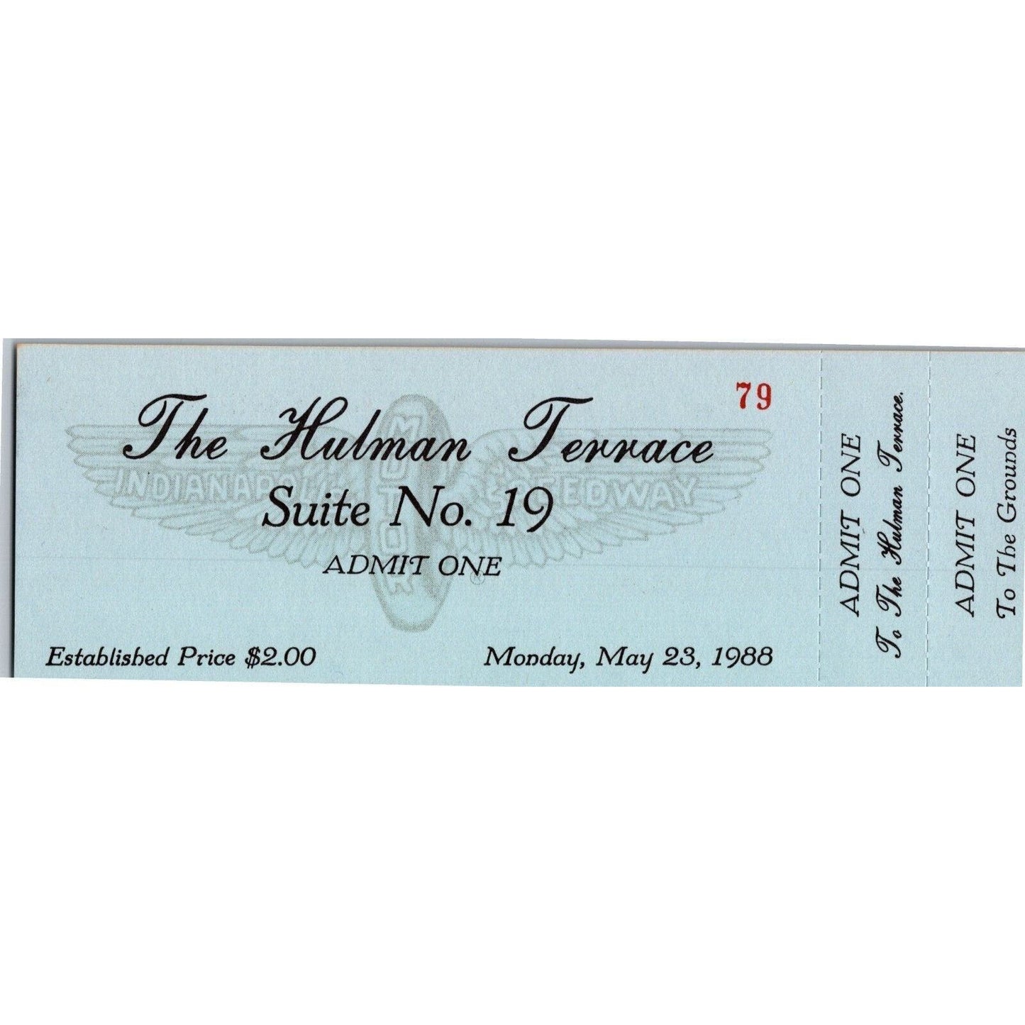 1988 Indy 500 The Hulman Terrace Unused Monday Ticket Indianapolis IMS #79