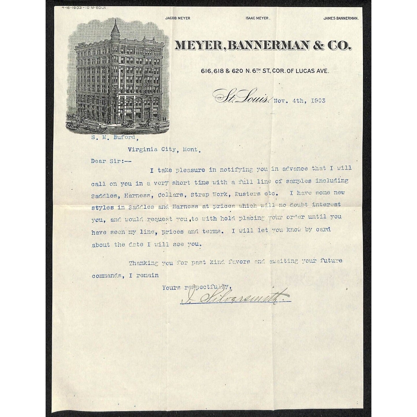Meyer, Bannerman & Co (Saddlery) St. Louis 1903 Letterhead S.R. Buford*