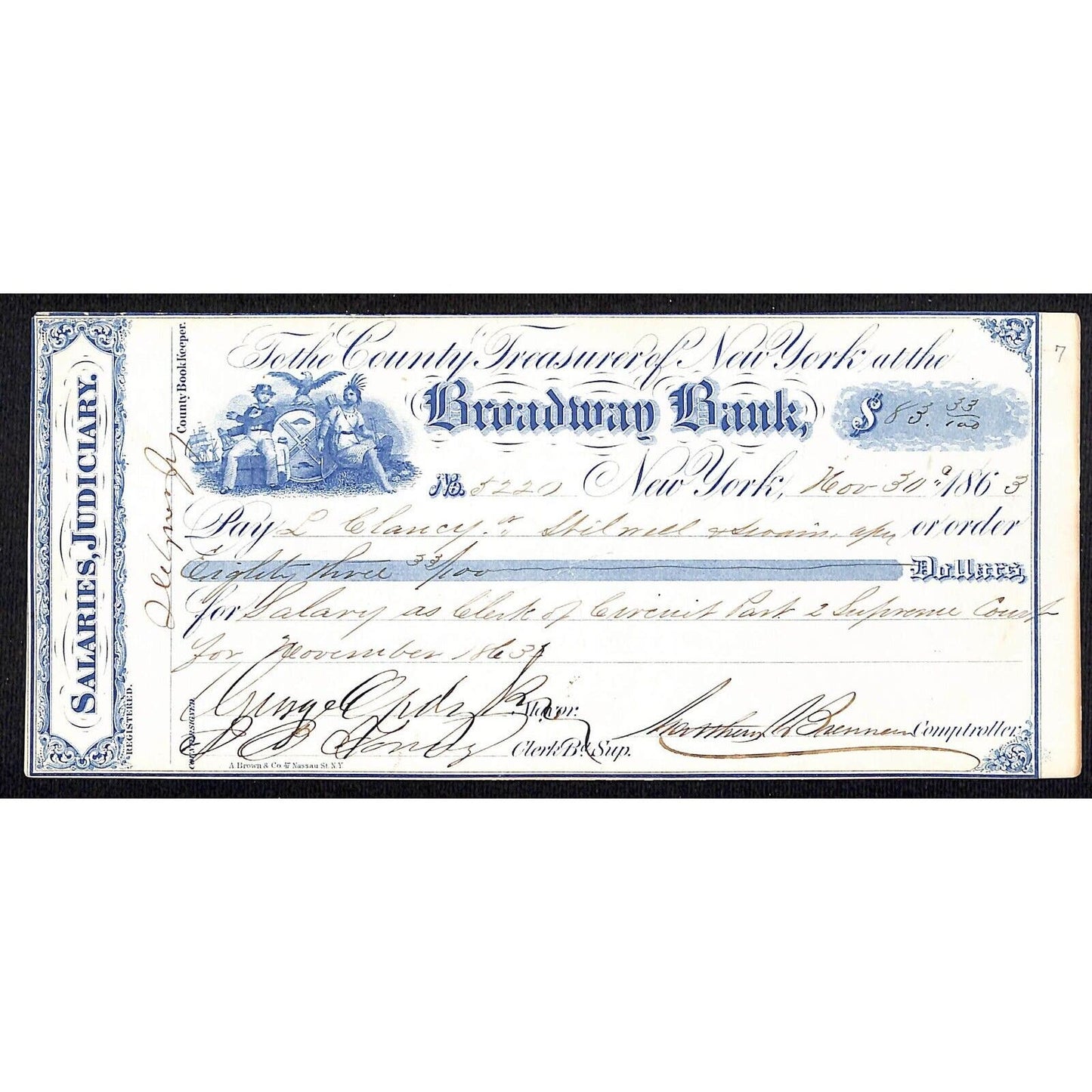 Broadway Bank New York "Salaries, Judiciary" Bank Check 1863 Very Scarce
