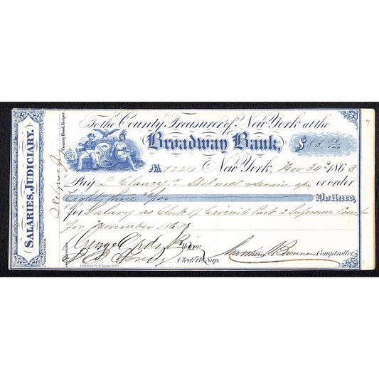 Broadway Bank New York "Salaries, Judiciary" Bank Check 1863 Very Scarce