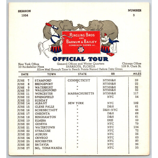 1954 Ringling Bros Barnum Bailey Circus Route Card Bridgeport Stamford Waterbury