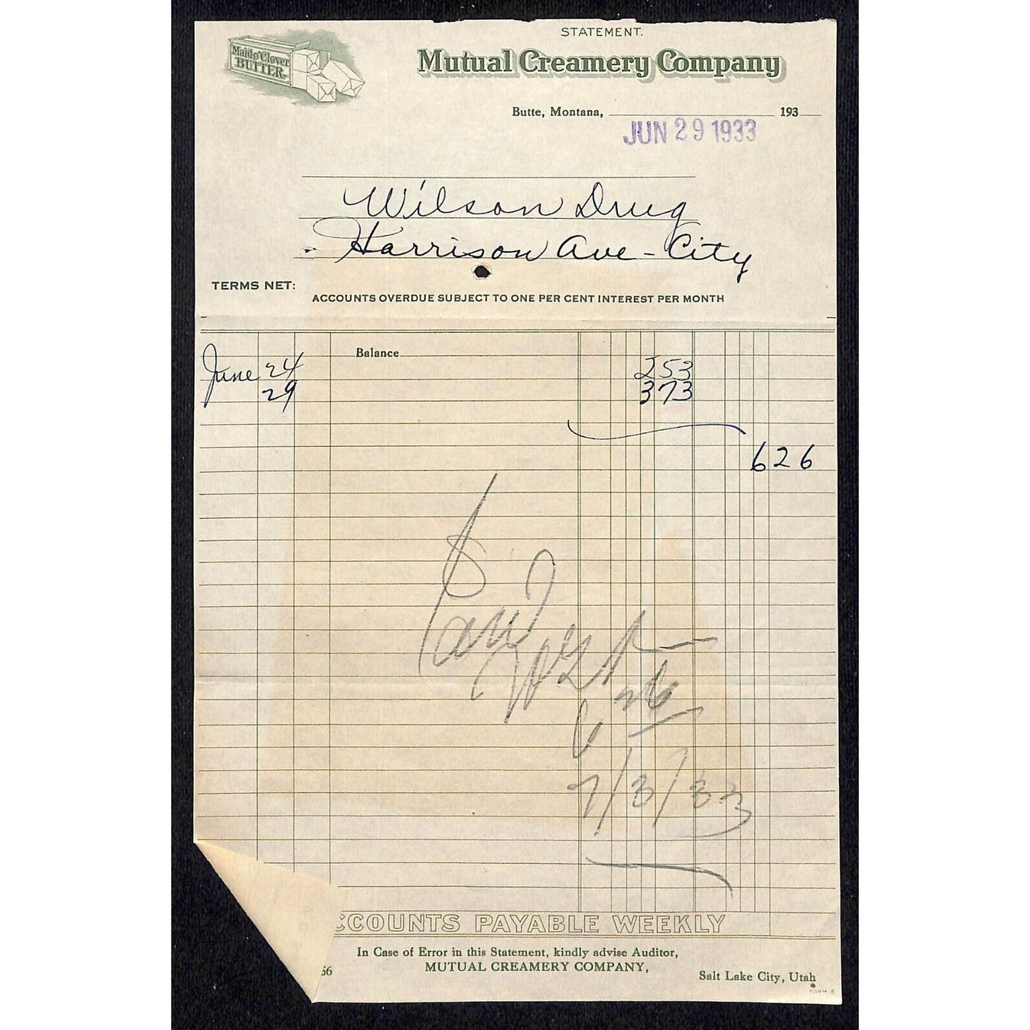 Mutual Creamery Co. Butte Montana c1933 Billhead Letterhead - Wilson Drug