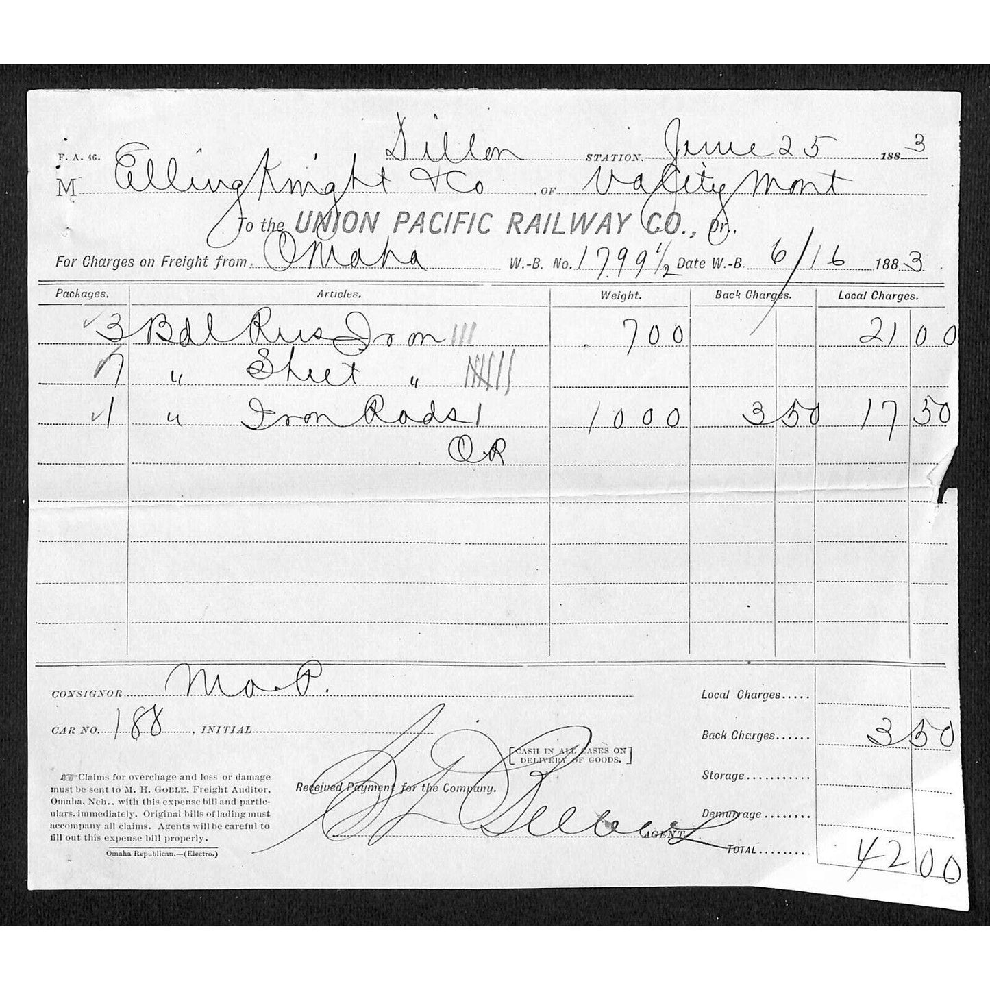 Union Pacific Railway Co. 1883 Freight Billhead for 1,700lbs Iron $42