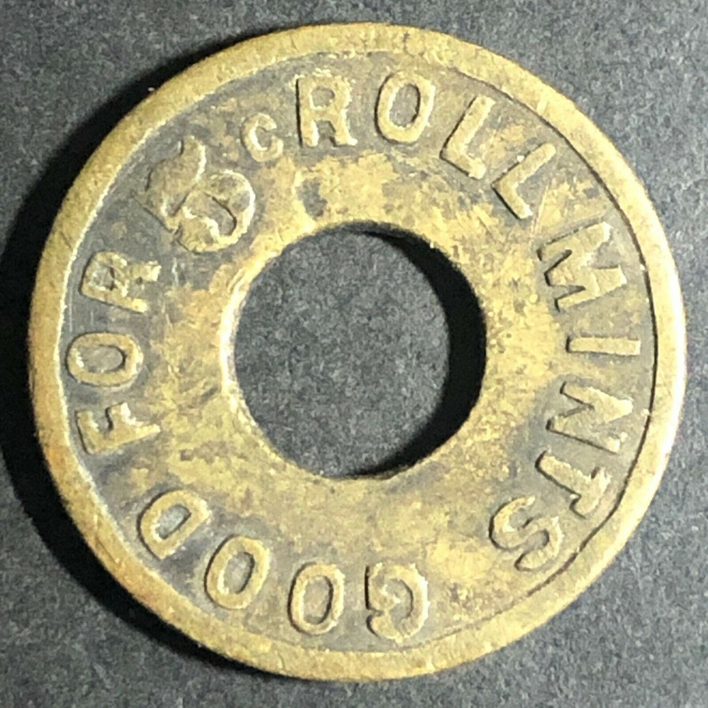 Vintage 21mm Brass "Callie Quality Mints" G/F a 5c Roll" Donut Token