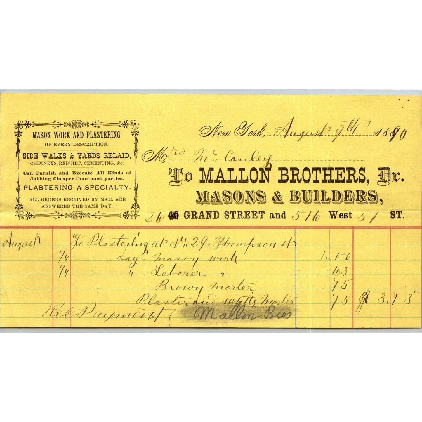 1890 Mallon Brothers Masons Letterhead Billhead Grand St & W 51st St NYC