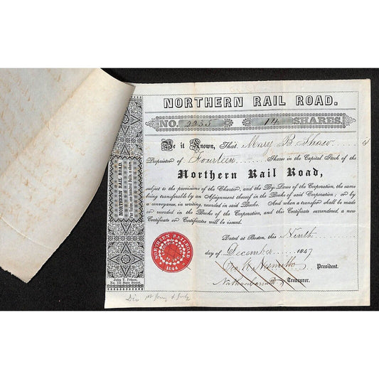 1847 Northern Railroad Stock Certificate w/ Affixed 1850 ALS Transfer Letter