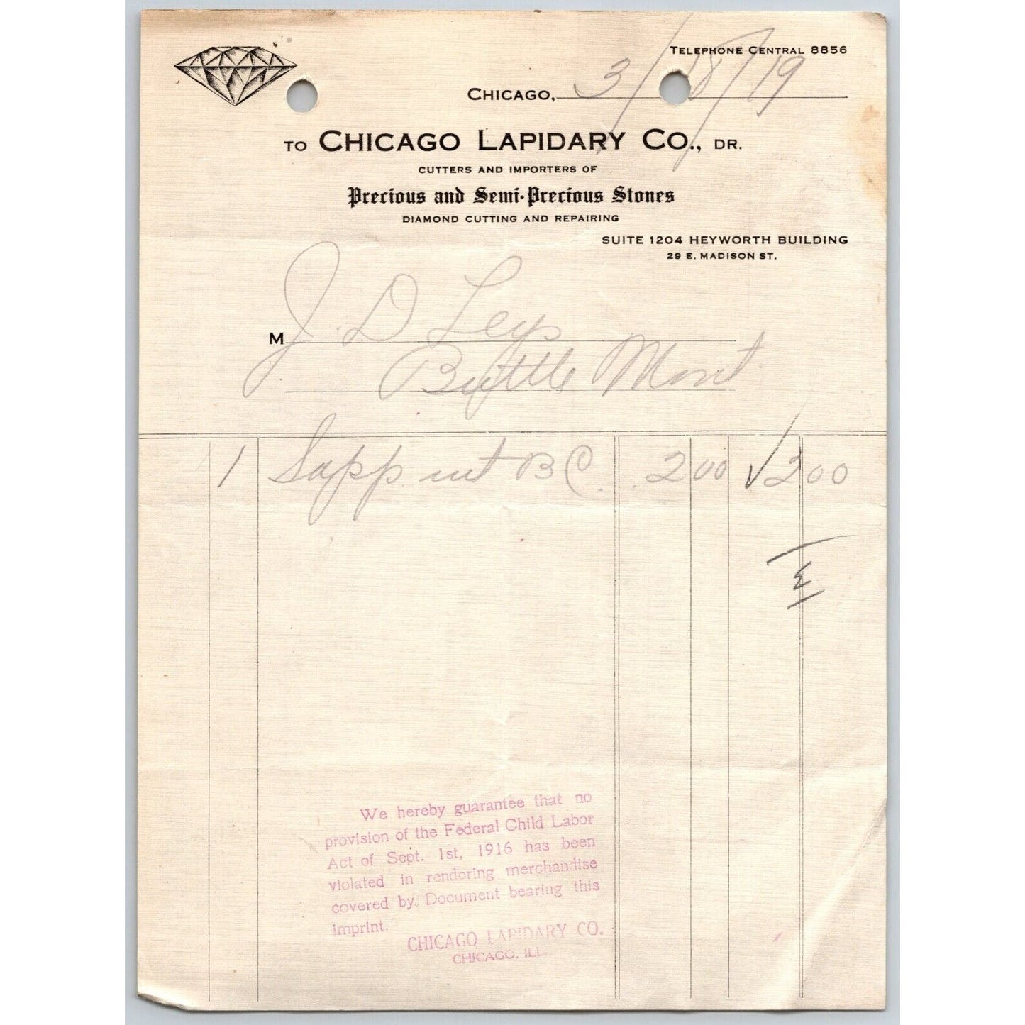 Chicago Lapidary Co. Diamond Cutting "Leys" Butte, MT 1919 $2 Billhead - Receipt