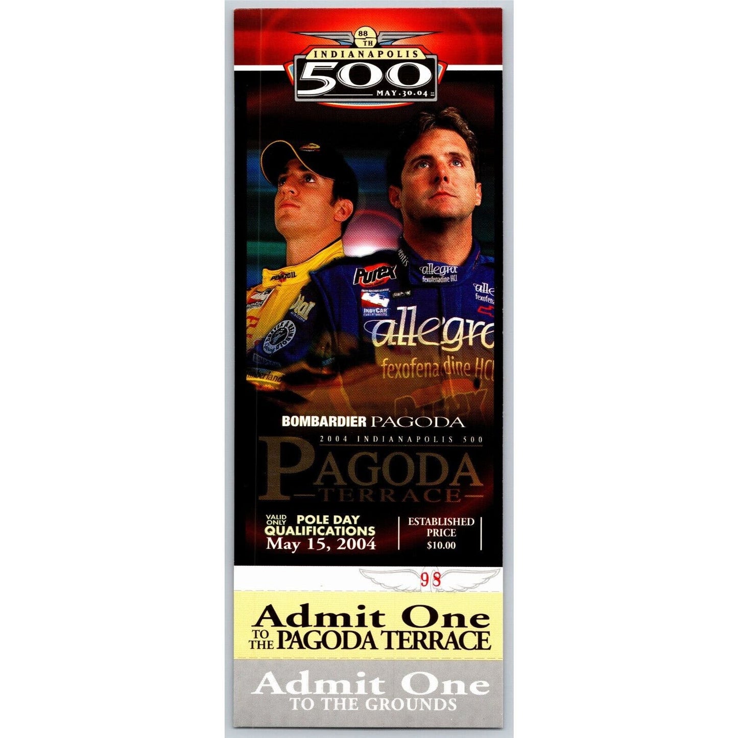 2004 Indy 500 Pole Day Bombardier Pagoda Terrace Unused Ticket IMS #98
