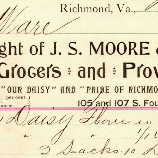 J.S. Moore & Sons Grocer Provisions Richmond, VA Letterhead to Geo. E. Wear 1896