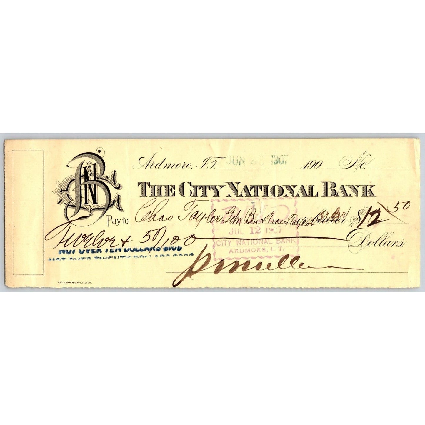 Ardmore, OK 1907 Indian Territory City National Bank Check $12.50 - Scarce