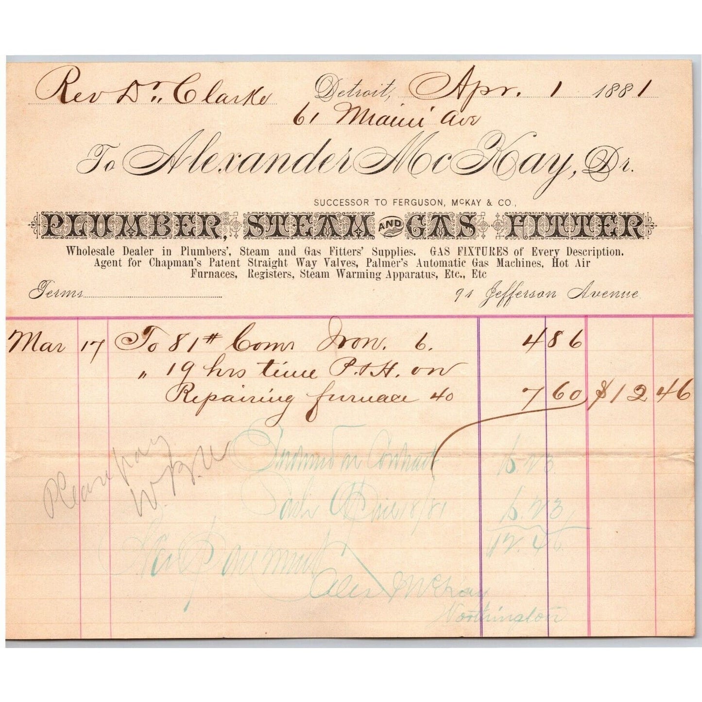 Detroit Letterhead Alexander McKay Plumber Gas Fitter Furnaces Registers 1881