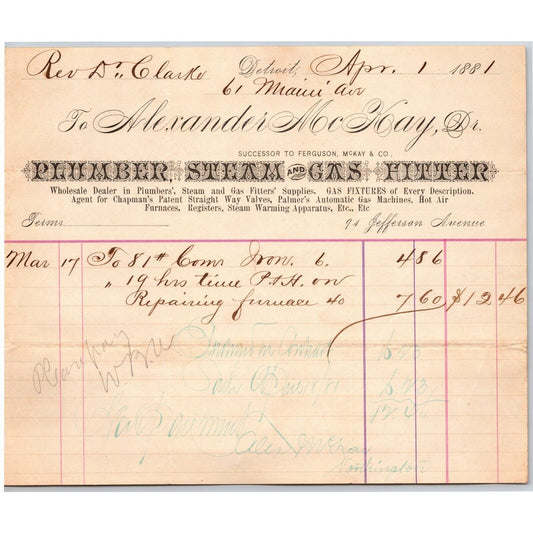 Detroit Letterhead Alexander McKay Plumber Gas Fitter Furnaces Registers 1881