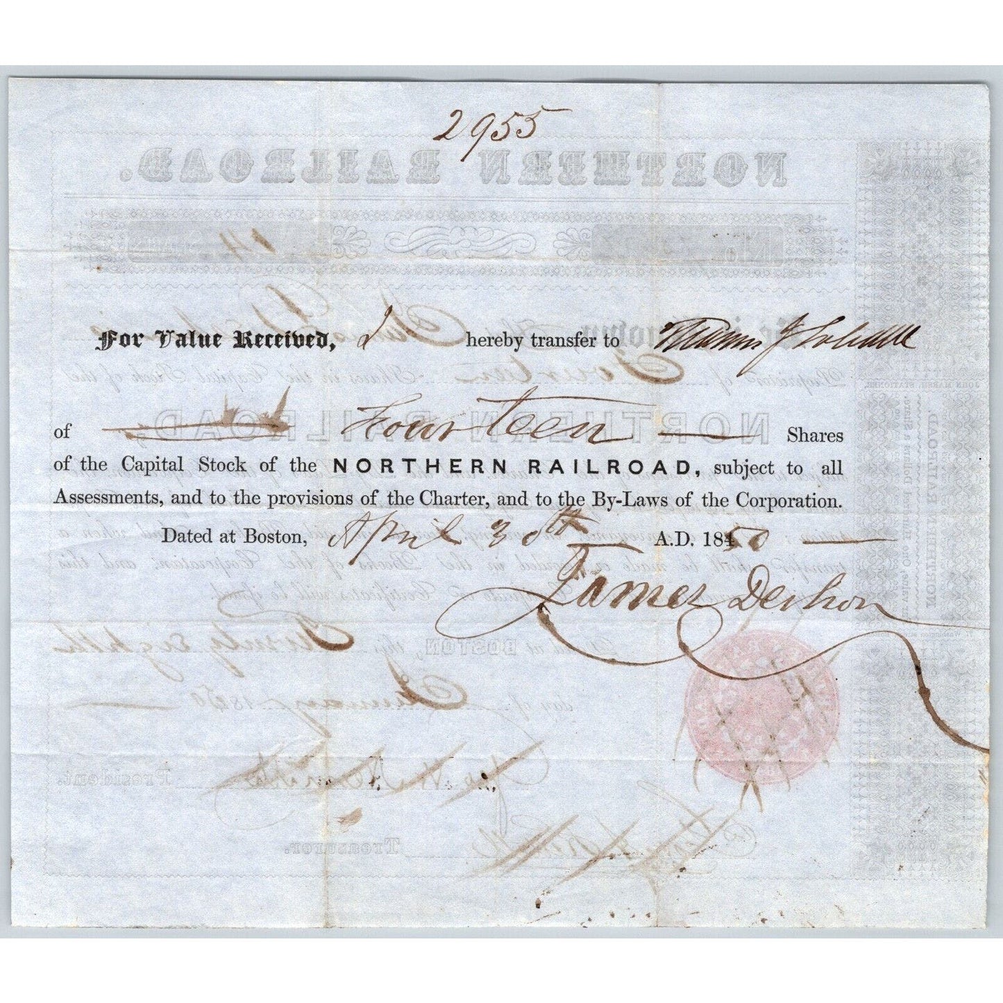 1850 Boston, MA Northern Railroad Stock Certificate No. 7557 for 14 Shares