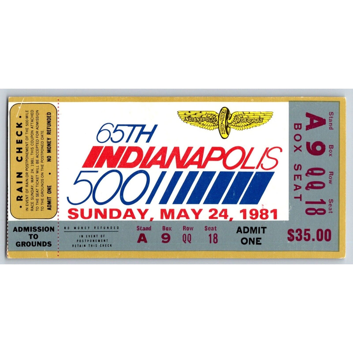 1981 Indianapolis 500 Ticket Stub Racing IMS - seat 18 VGC