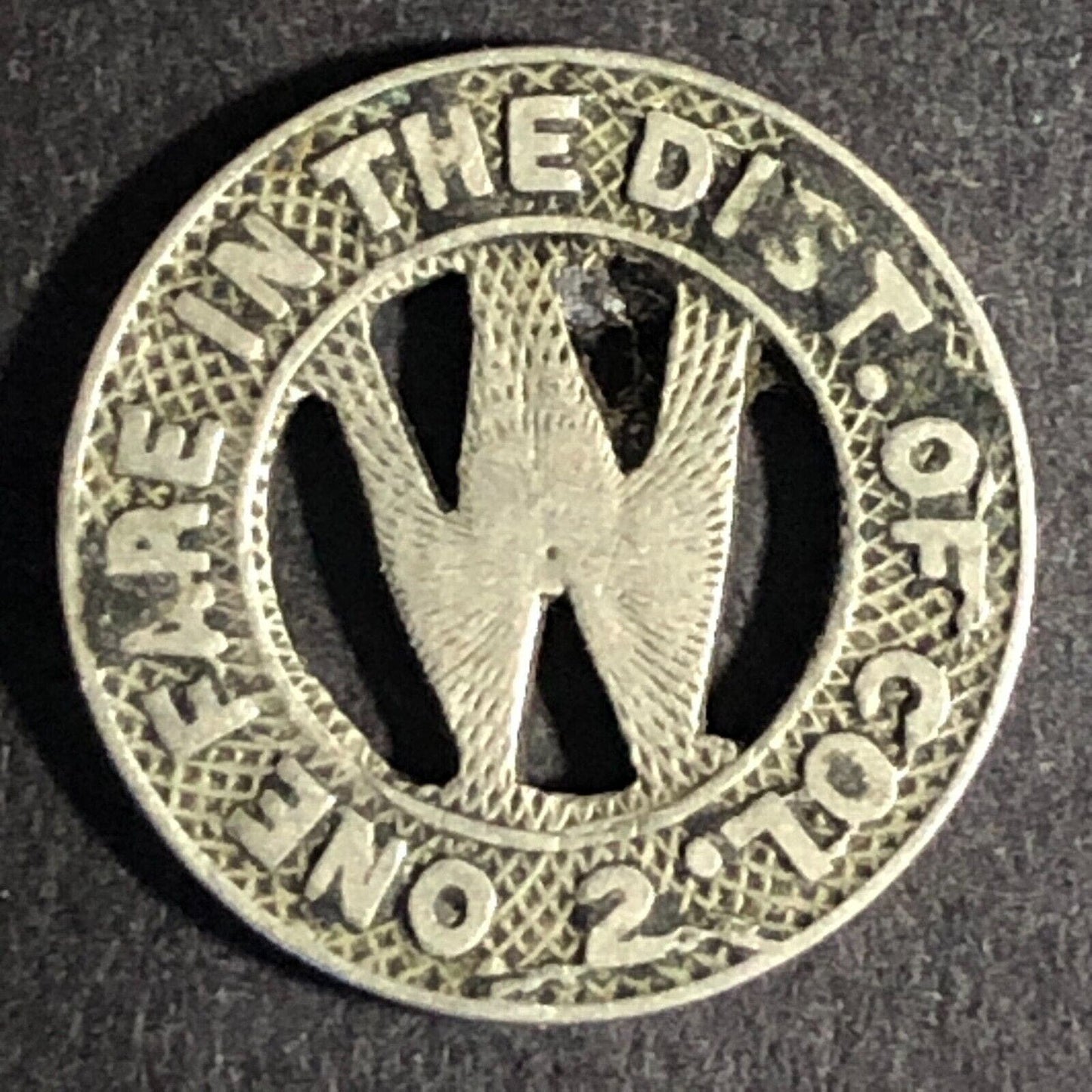 Wash. RY. & E. Co. Cap. Trac. Co. WM One Fare Dist. of Col. 2 Token 16.5mm