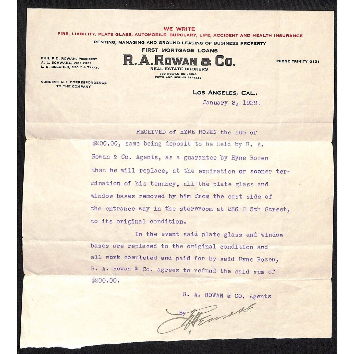 Los Angeles 1930 R.A. Rowan Co. 1929 Letterhead re: $200 Security Deposit