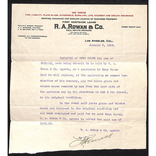 Los Angeles 1930 R.A. Rowan Co. 1929 Letterhead re: $200 Security Deposit